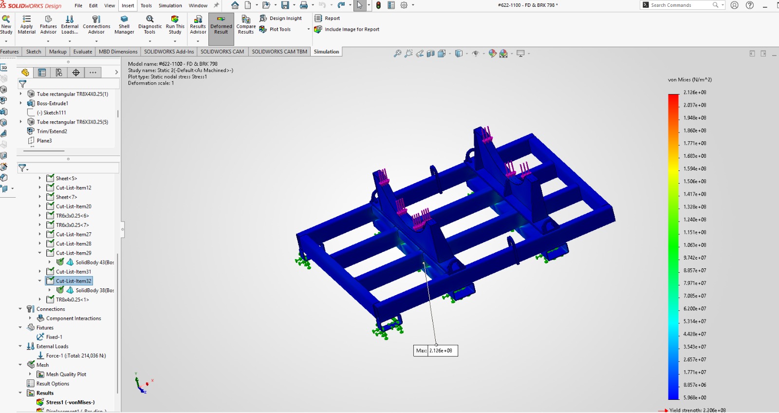 FEA von Mises stress analysis of shipping frame under 214 kN load