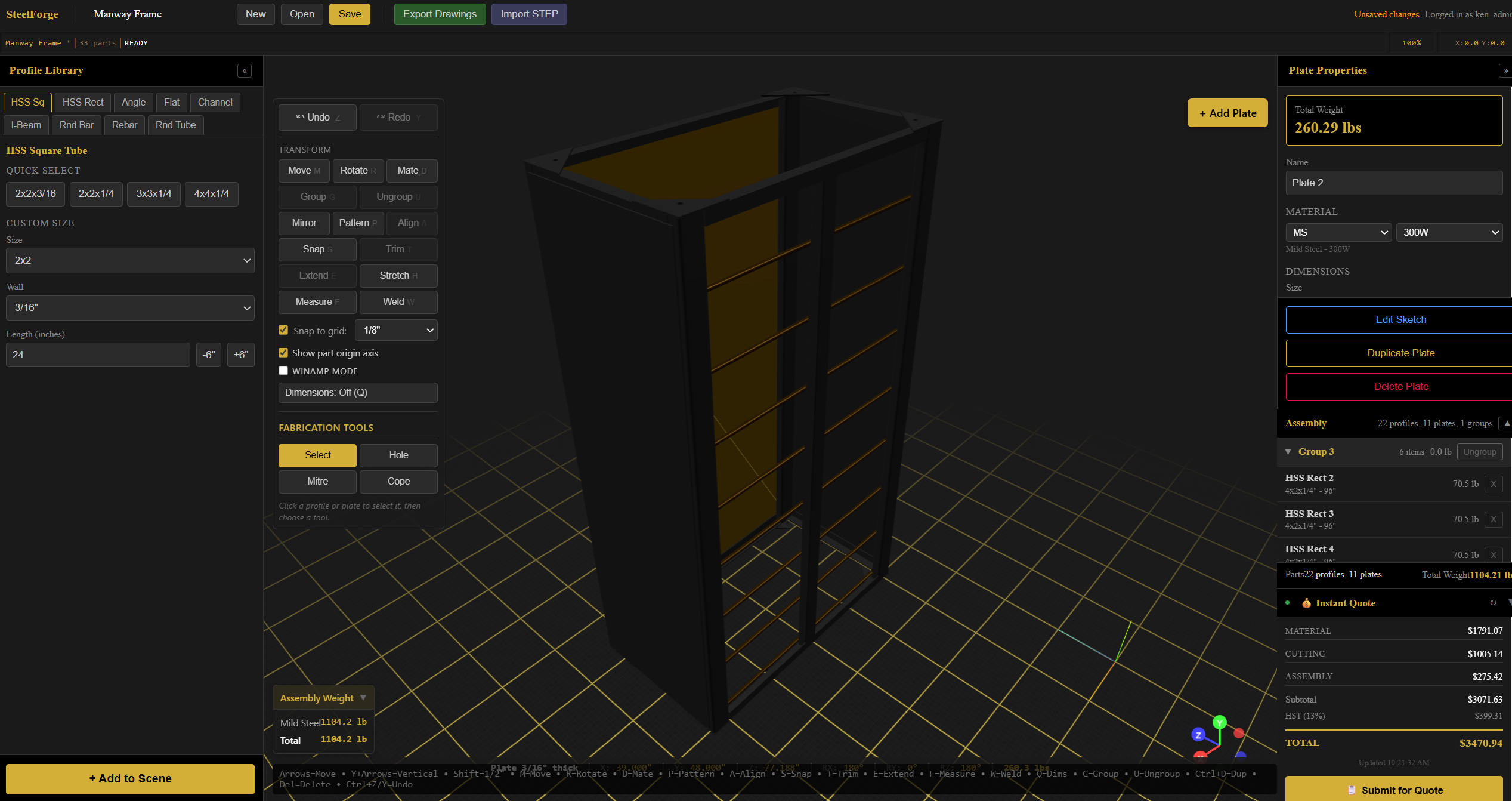 SteelForge 3D CAD interface showing a steel assembly with live fabrication cost breakdown